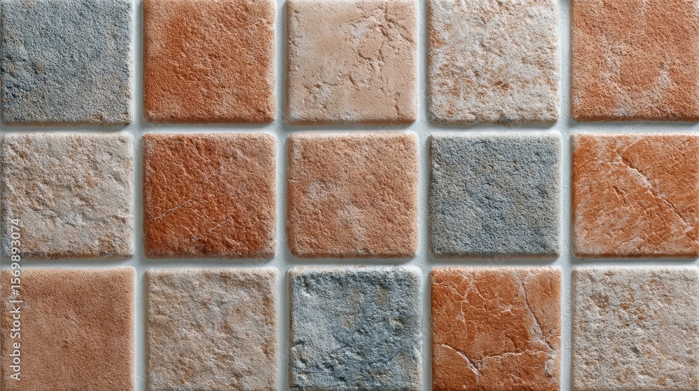 Poster tile wall with a brown, tan, and gray color scheme. the tiles are square and arranged in a grid patt