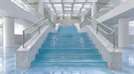 Fototapeta premium Staircase with blue steps leading to a white building. The staircase is made of glass and is surrounded by a blue floor