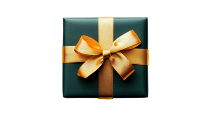 A dark green gift box, tied with a gold ribbon
