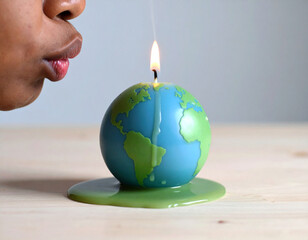 Person Blowing Out Flame of Melting Earth Candle: Stop Global Warming Concept