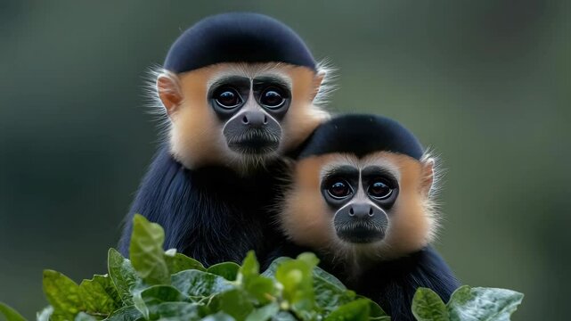 Two playful primates sit together in a vibrant green environment, highlighting their captivating expressions and social behavior