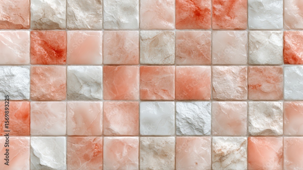 Poster wall of pink and white tiles with a red border. the tiles are arranged in a checkered pattern