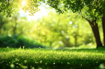 Beautiful, blurred background of a natural, spring-green park with trees and grass on a sunny day. Blurred nature scene for a design concept.