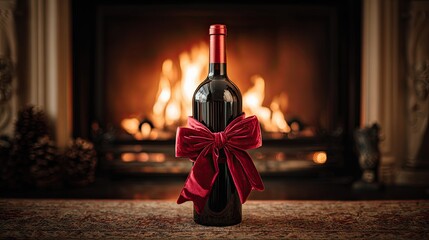 Red wine bottle with elegant bow placed in front of cozy fireplace, perfect festive holiday celebration