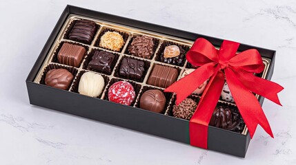 Luxury black gift box with assorted gourmet chocolates tied with red satin ribbon on marble background