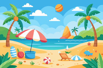 Cartoon Summer Beach Scene with Palm Trees Umbrella and Deck Chair