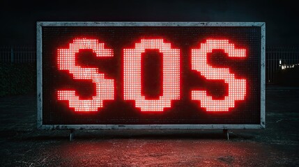 Bright red SOS text glowing on pixelated digital display panel at night in outdoor urban emergency setting