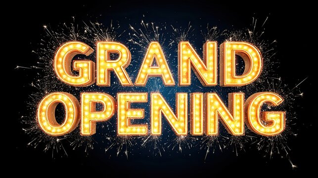 Grand opening sign with glowing retro lights and sparkling fireworks on dark background for celebration