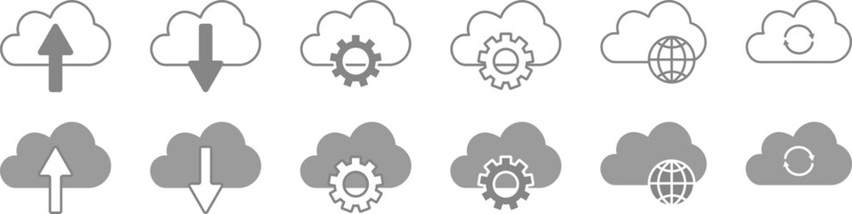 Cloud Icons Set - Gray  Flat and Line Vector for UI and Tech Design. Line Icons, Flat Icons.