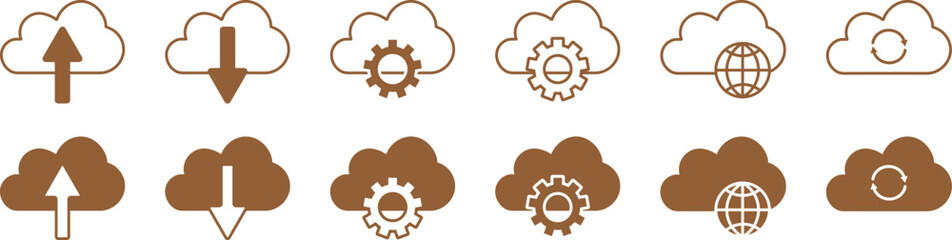 Cloud Icons Set - Brown Flat and Line Vector for UI and Tech Design. Line Icons, Flat Icons.