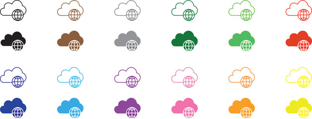 Obraz premium Colorful cloud globe icons set. Line and flat icon. Cloud internet. Web service icon. Cloud connectivity logo.