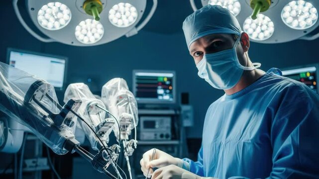 Surgeon performing minimally invasive robotic surgery in a modern operating room with advanced medical equipment and bright surgical lights. Innovation in healthcare. - Powered by Adobe