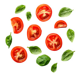 Fresh Tomato Slices and Basil Leaves, Isolated on Transparent PNG