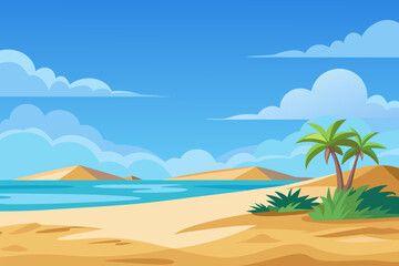 Cartoon Tropical Beach Landscape with Palm Trees Sand Ocean and Blue Sky