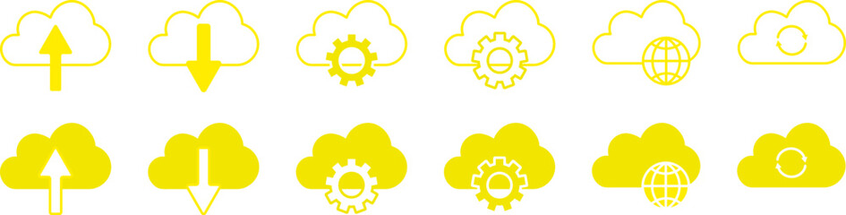 Cloud Icons Set - Yellow Flat and Line Vector for UI and Tech Design. Line Icons, Flat Icons.