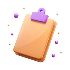 3d orange clipboard with purple clip isolated on transparent background