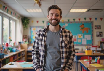 Fototapeta premium School teacher smiling in a festive classroom filled with colorful decorations