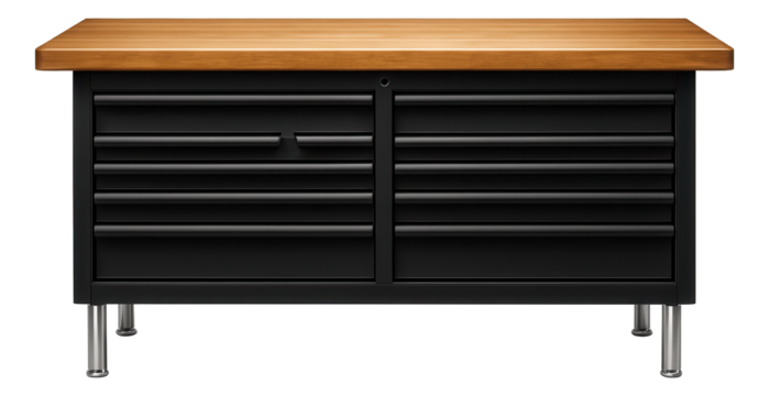 Workbench with an integrated tool chest and hardwood top, suitable for a professional mechanic's garage.