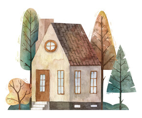 Cute cozy family house with lush trees and bushes surrounding. Watercolor house facade for travelling postcards, book illustrations