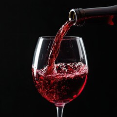 Red wine being poured into a clear glass on black background with splash and bubbles in elegant motion