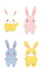 Four cartoon rabbits in  pastel colors, wearing raincoats