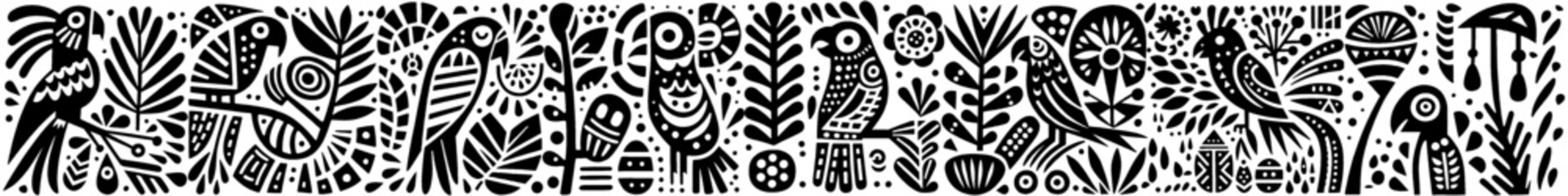Hand‑Drawn Parrot Illustration, Tribal Tropical Folk Art Pattern Vector for Wildlife and Jungle Adventure Themes Design