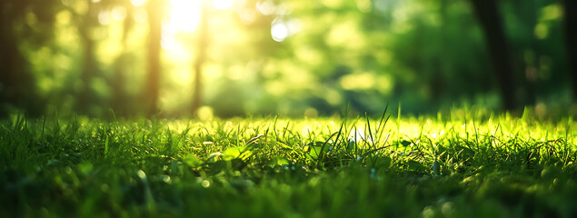 Fototapeta premium Beautiful blurred background of spring nature on a sunny day with bokeh, a green grass meadow, and sunlight in the forest, a banner for copy space.