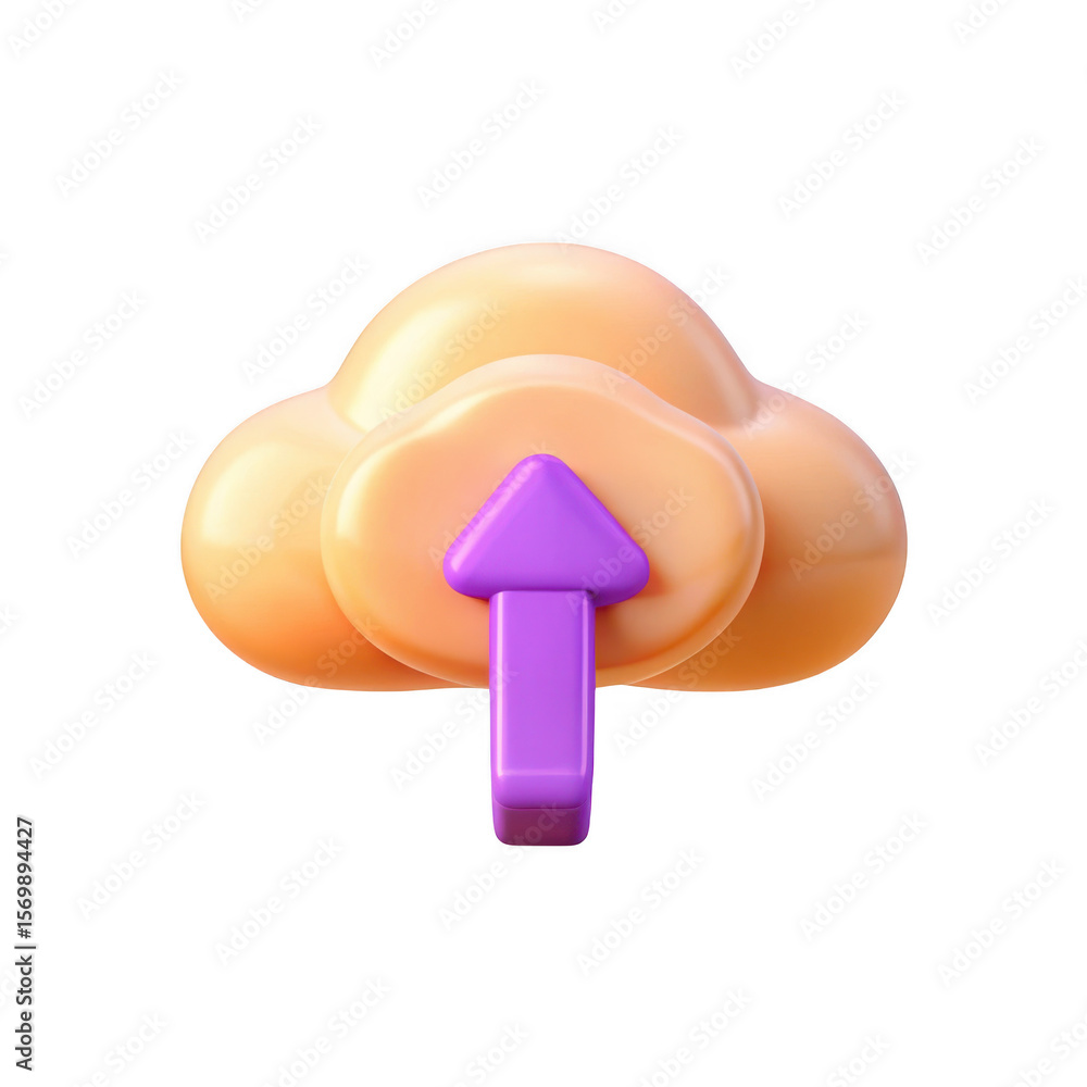 Poster 3d cloud upload icon with purple arrow isolated on transparent background