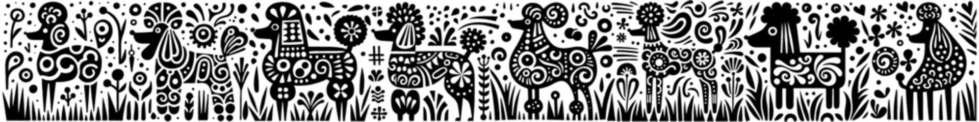 Hand‑Drawn Poodle Illustration, Tribal Elegant Folk Art Pattern Vector for Pet and Grooming Theme Designs