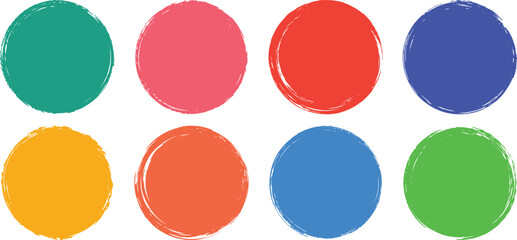 Vector art of eight colorful circles with rough brush stroke textures isolated on transparent background