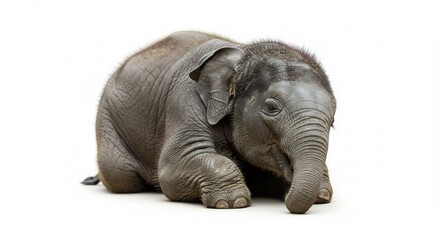 Fototapeta premium Adorable baby elephant sits peacefully against bright white background. AI Generated