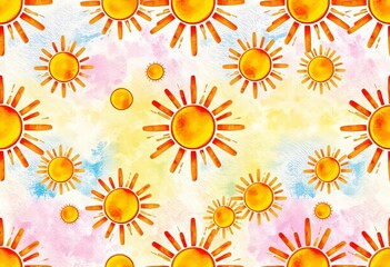 Seamless watercolor sun pattern, vibrant summer background, pattern, red