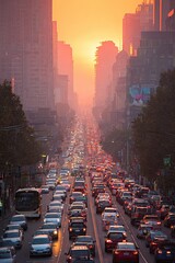 Heavy traffic on city street at sunset with glowing orange sky and silhouettes of tall urban buildings