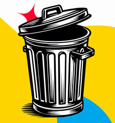 Open Trash Can Illustration, Black and White