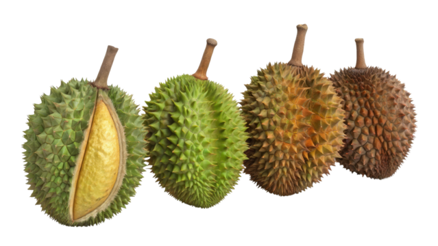 Four Durian Fruits, Ripening Stages, Isolated on Transparent Background, Tropical Fruit, Asian Food, Durian, Tropical Fruit, Food