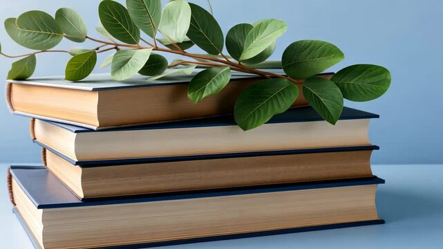 Four neatly stacked books with a sprig of green leaves, offering a serene and inviting ambiance for reading enthusiasts
