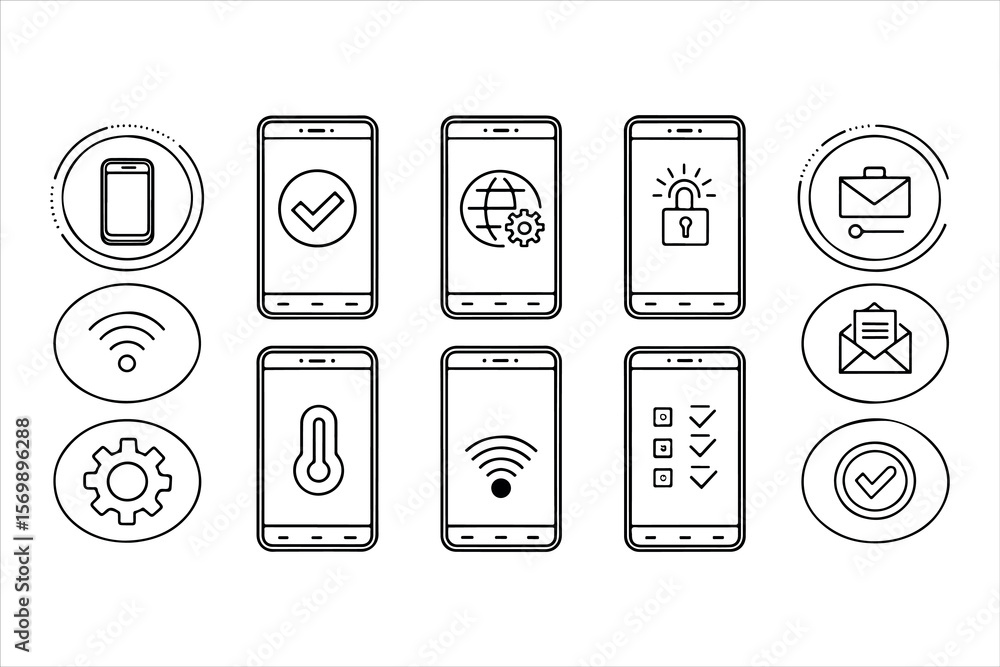 Poster set of vector icons including mobile phone battery and communication symbols for web and business de