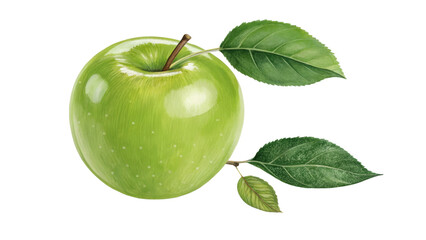 Green Apple with Leaves Watercolor Illustration, Isolated on Transparent Background, fruit, clipart, botanical, illustration, painting, digital painting