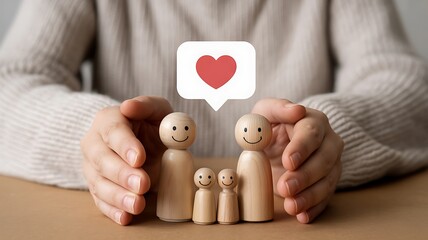 Wooden family figures protected by caring hands love protection