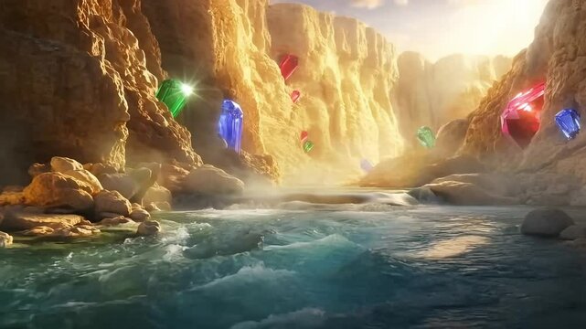 Sparkling emeralds and other crystals on the rocks with a seething river. Surrealism