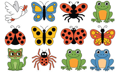 Colorful cartoon insects and animals vector set