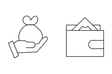 Hand Holding Money Bag and Closed Wallet Line Art Illustration Black and White Simple Design