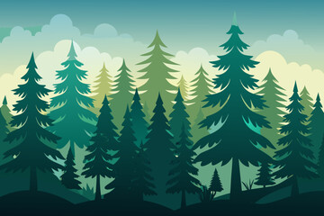 Obraz premium Stylized Evergreen Forest Landscape with Clouds and Gradient Sky Background
