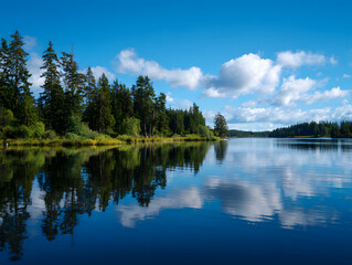 Obraz premium Serene Landscape with Reflections in Calm Waters and Blue Sky