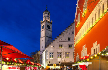 Historic architecture featuring Blaserturm and Town Hall during Advent in Ravensburg, Germany
