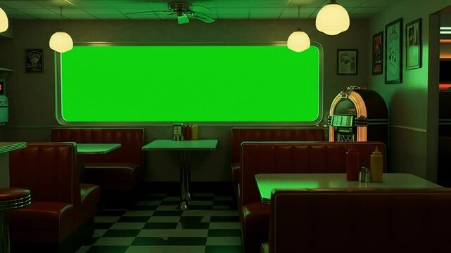 Interior of a retro diner with booths, tables, and a jukebox, featuring a green screen.