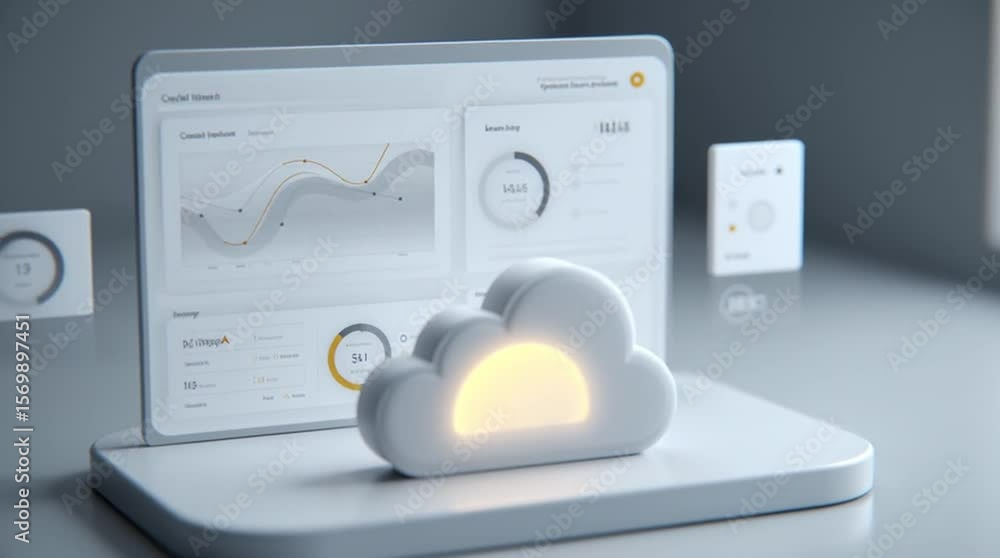 Poster saas application business. platform business. cloud customer. minimalist ui dashboard featuring clou