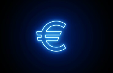 Neon glowing blue color european euro currency icon on black background. Neon bright lighting euro line icon. Neon euro 3D icon on black background.