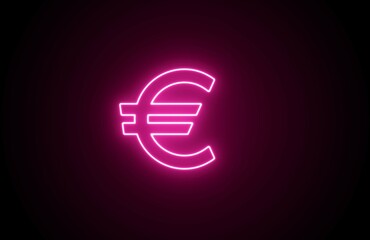 Neon glowing pink color european euro currency icon on black background. Neon bright lighting euro line icon. Neon euro 3D icon on black background.