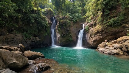 Fototapeta premium Cascading waterfalls in a lush green valley.